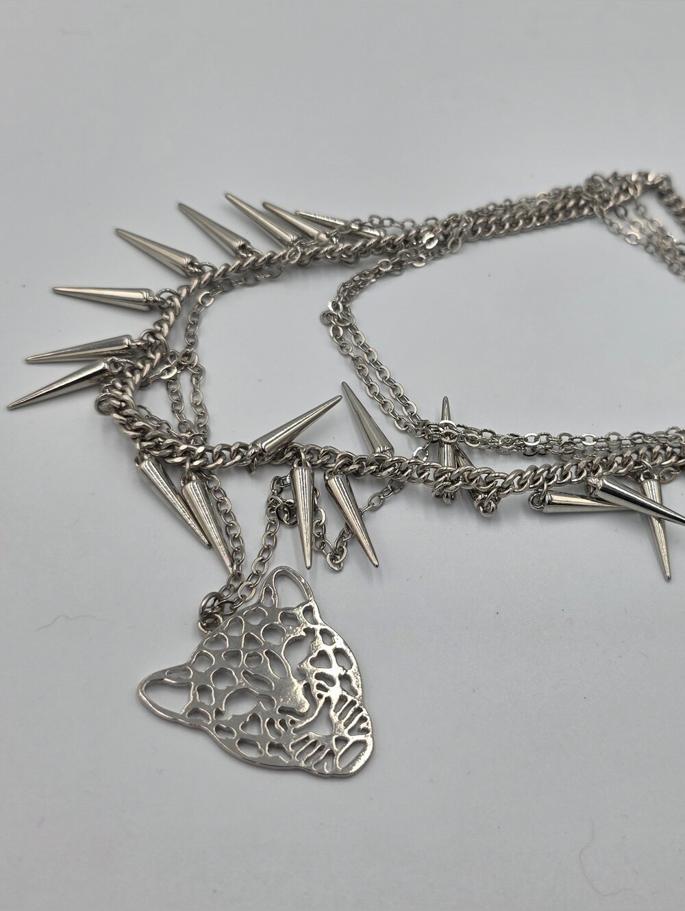 Treska Brutalist Multi Strand Layered Silver Leopard Pendant Necklace